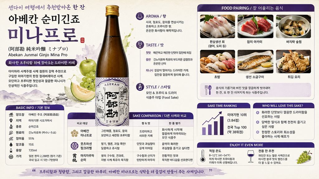 아베칸 순미긴죠 미나프로(阿部勘 純米吟醸 ミナプロ)|화사한 첫맛 뒤에 찾아오는 드라이한 키레 5 ChatGPT Image 2026년 8월 29일 오후 10 52 21