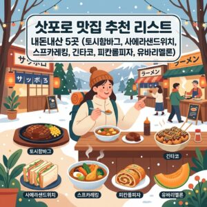 ai thumbnail illustration 삿포로 맛집 추천 리스트 내돈내산 5곳 토시함바그 사에라샌드위치 스프카레킹 긴타코 피칸롤피자 유바리멜론 1787284008